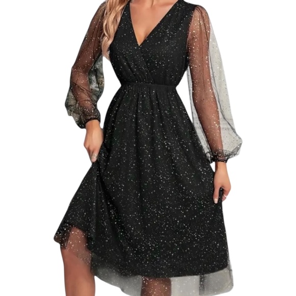 Women’s Shiny Mesh Lantern Sleeve Dress - Picture 6 of 13